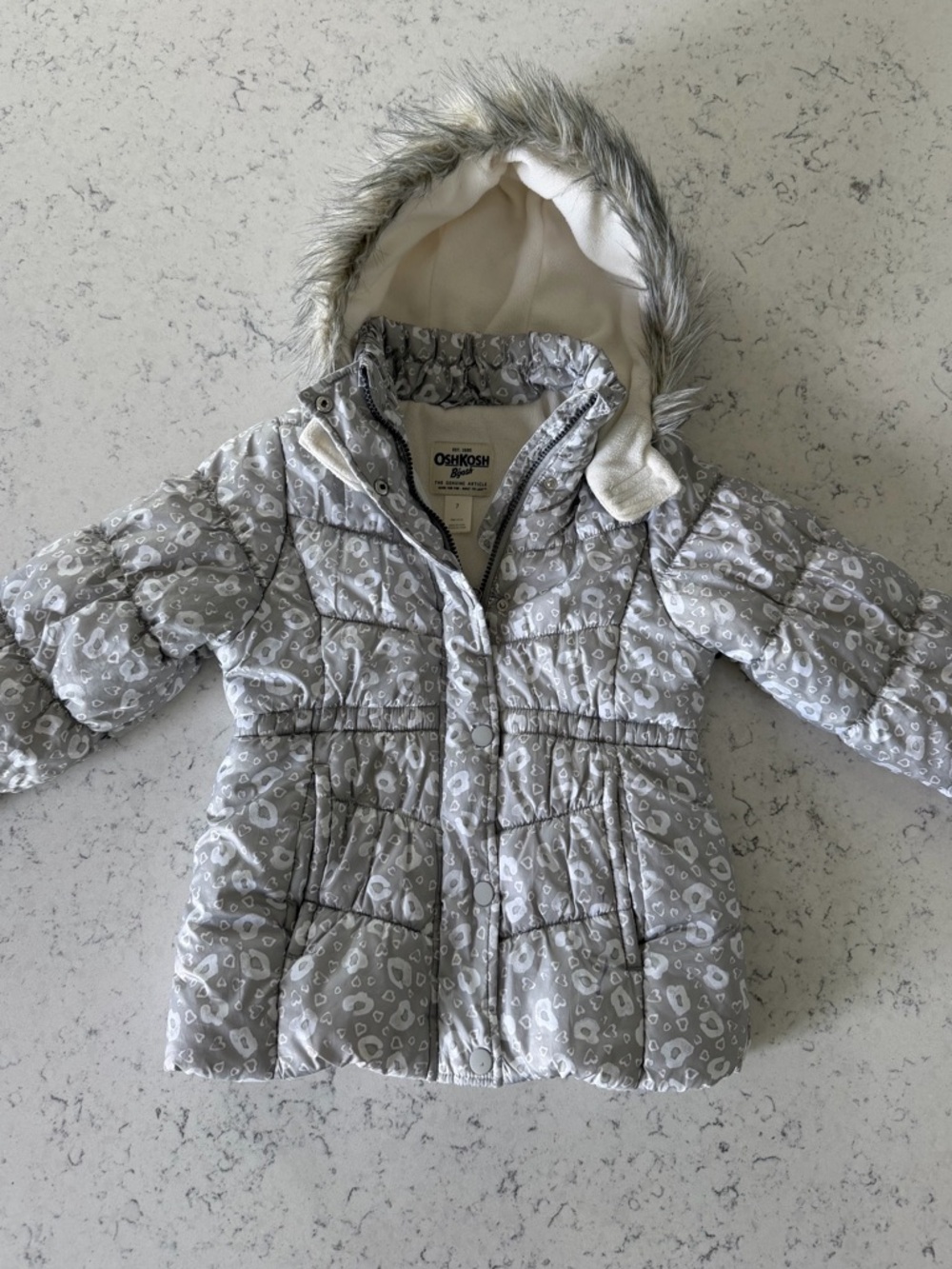OshKosh B'gosh Gray Heart and leopard-Print Puffer Coat with Faux-Fur Trim